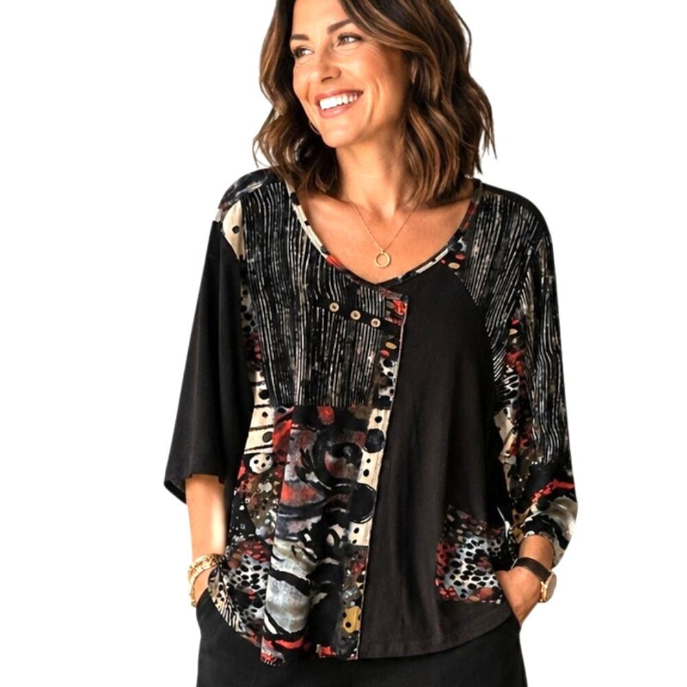 Ali Miles Lagenlook Top Womens Size 2X Black Mixed Print Button Shirt